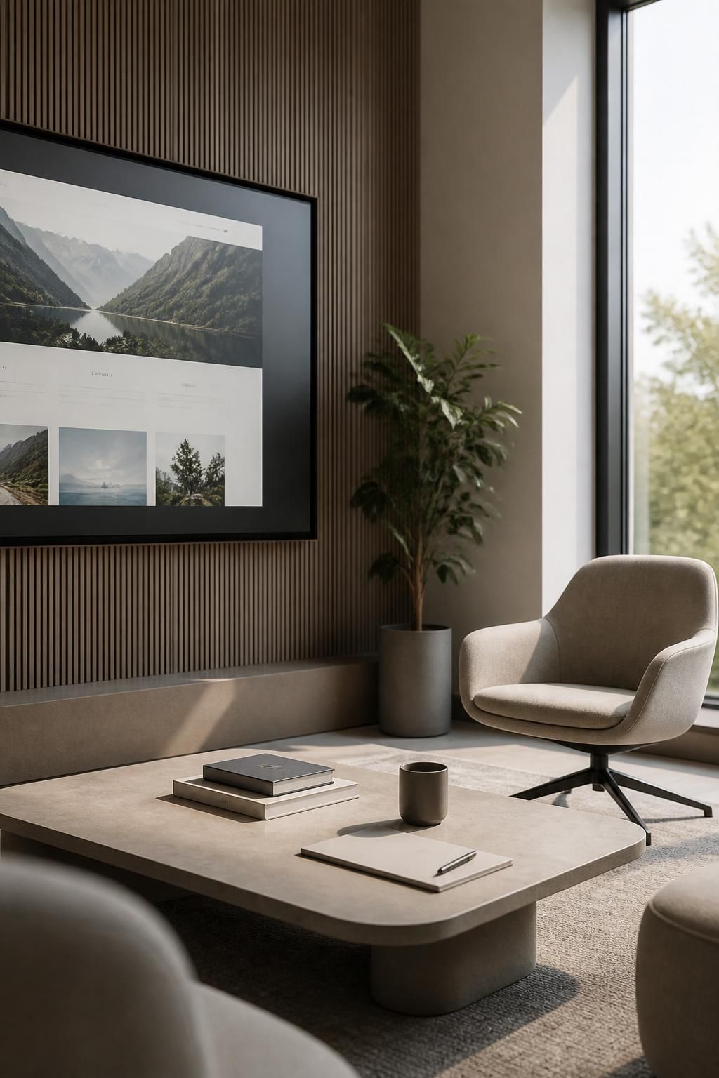 Modern office with a website mockup displayed on a large monitor.