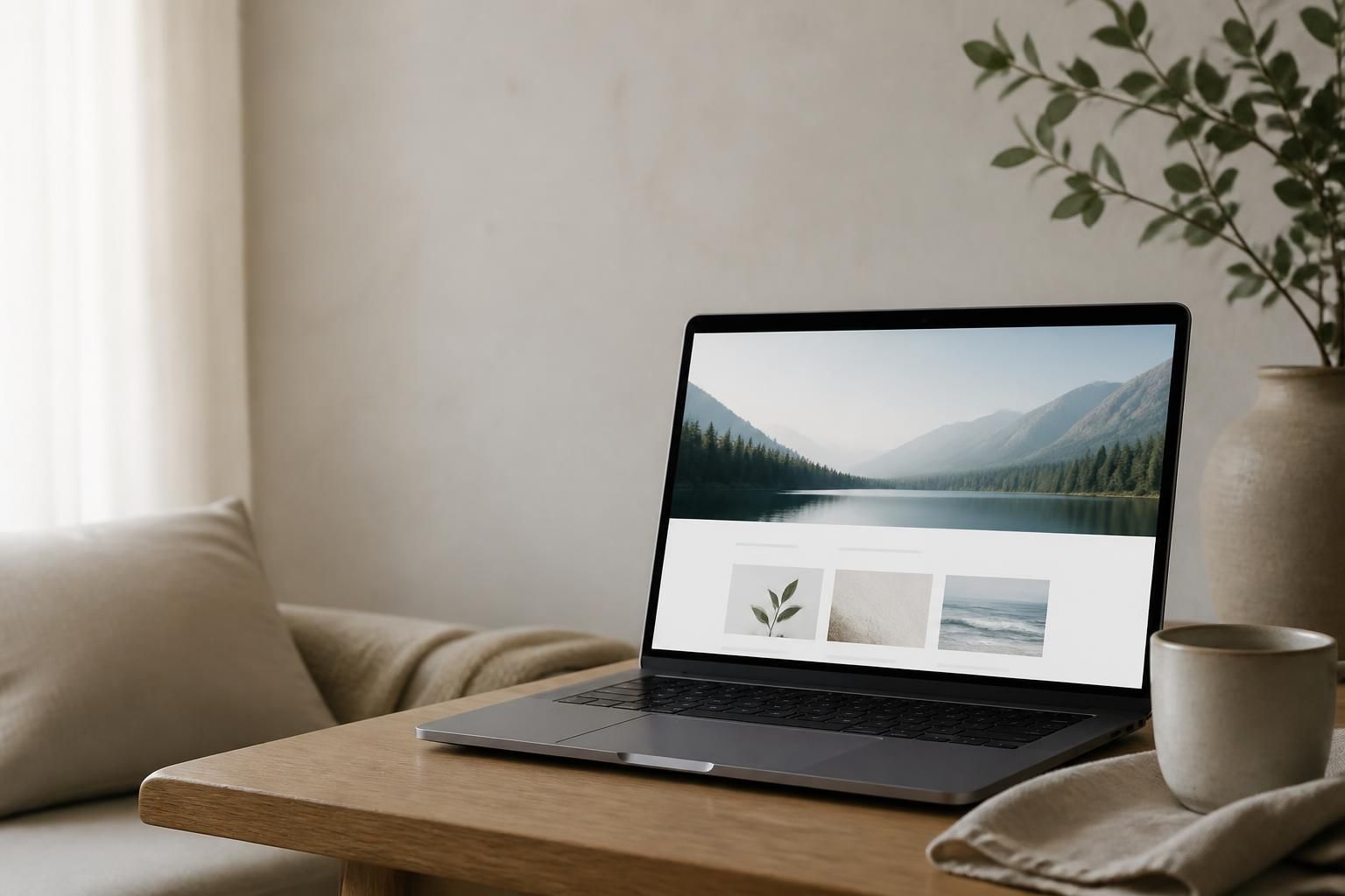 Clean workspace with a laptop showing a finished homepage.